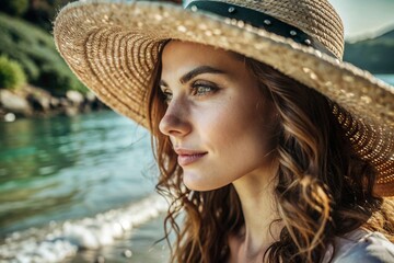 Wall Mural - Summer vacation on the beach, Close-up of a beautiful woman in a straw hat. Summer time. Rest and vacation, a place to copy.