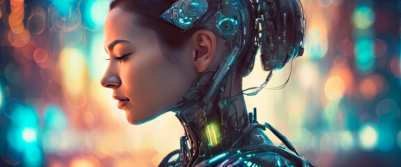 Wall Mural - Futuristic female android profile set against illu