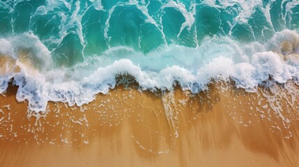 Wall Mural - Aerial view of a beautiful beach with turquoise waves crashing on the golden sandy shore, creating a serene and picturesque coastal scene.