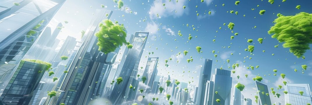 A futuristic cityscape with skyscrapers and green trees, symbolizing sustainable urban development.