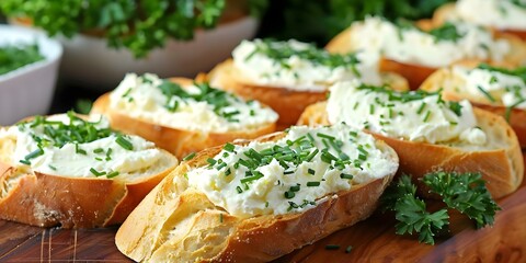 Wall Mural - Baguette slices with cream cheese chives and parsley on wooden board. Concept Food Photography, Appetizer Presentation, Bread Snacks, Herb Garnish, Wooden Platter