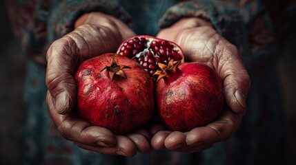 Raw style close-up of pomegranates in the hands, selective focus drawing attention to the fruit's intricate details