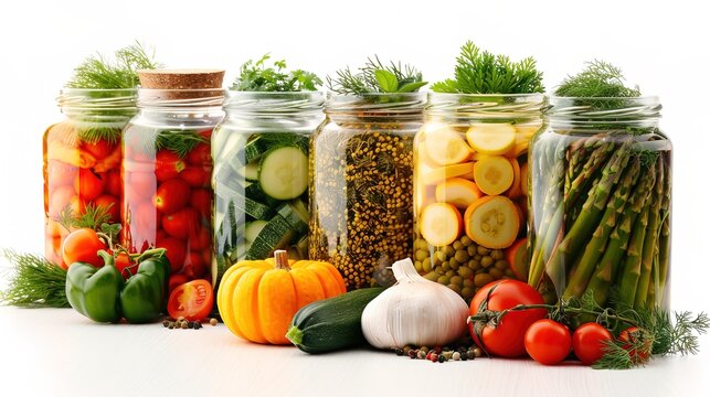 Home preservation, canning for the winter. 7 glass jars with canned vegetables