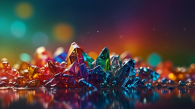 digital artwork of a crystalline mountain landscape with water reflections, combining natural and fantastical elements