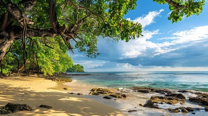 Wall Mural - Serene Tropical Beach with Lush Greenery and Golden Sands
