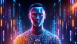 © CoffeeeCraze - A man with a metallic sheen to his skin stands amidst a network of glowing lines and data streams, his features illuminated by vibrant, neon light.