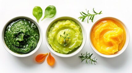 Wall Mural - Green, yellow and orange baby puree in bowl isolated on white background, top view