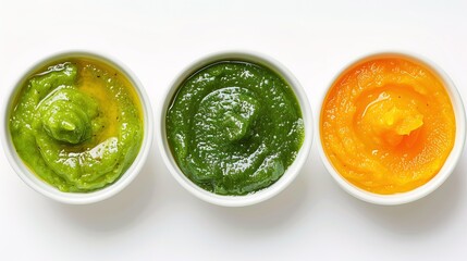 Wall Mural - Green, yellow and orange baby puree in bowl isolated on white background, top view