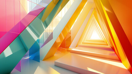 Wall Mural - Bright, geometric hallway with colorful triangular prisms creating a dynamic and futuristic perspective.