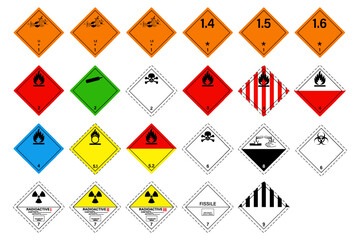 set of globally harmonized system hazard pictograms. Warning symbol GHS hazardous vector. Explosive, Gases, Flammable liquids and solids, GHS and Non ghs transport.