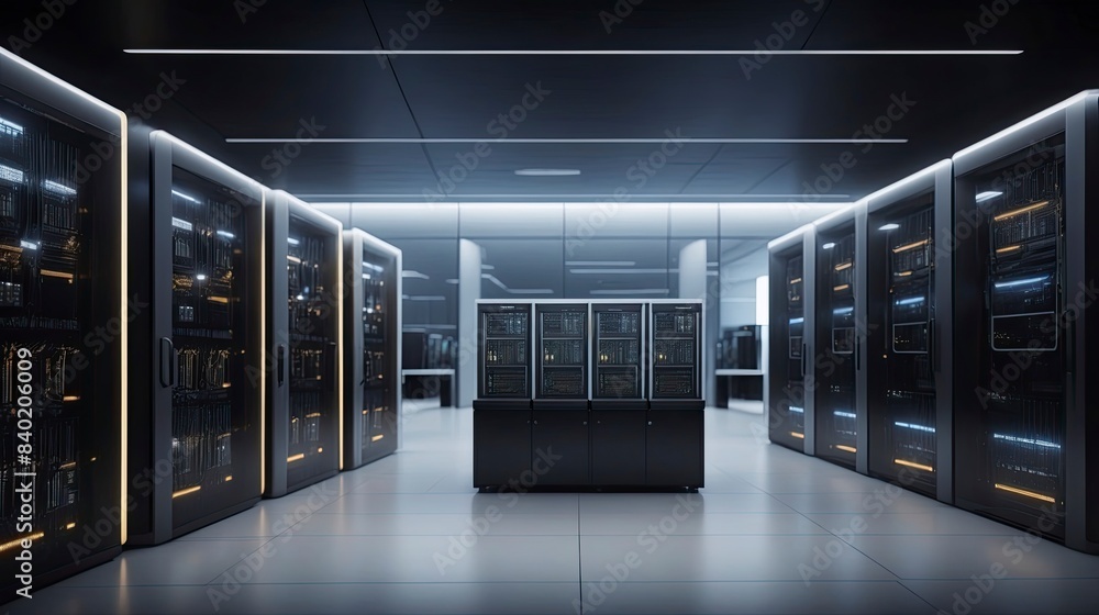 Modern data center with symmetrical rows of black server racks and ...