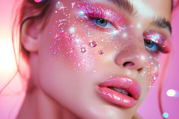 model with trendy pink glitter eyeshadow and crystals on her face, glossy pink lipstick, iridescent pastel colours in the style of baroque, beauty fashion photography