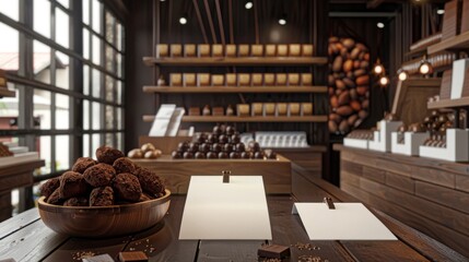 Indulge in Luxury Gourmet Chocolate Shop with Artisanal Treats Business Cards and Cocoa Bean Display Stock Image