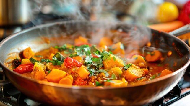 Close-up of cooking vegetable curry in wide copper pan on electric stove in home kitchen