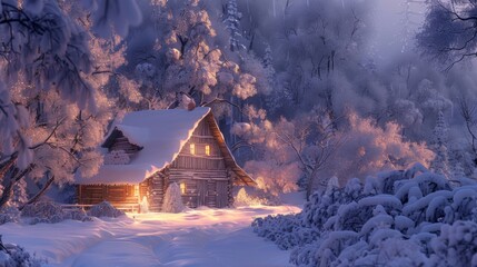 A cozy barn in the winter, covered in snow and surrounded by frost-laden trees, Whimsical, Digital painting, Cool tones, Soft and glowing light