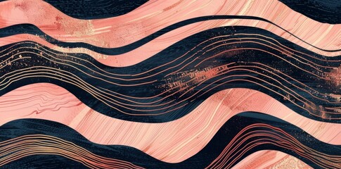 Wall Mural - Abstract background with wavy lines in rose gold and black, hand drawn texture with brush strokes.