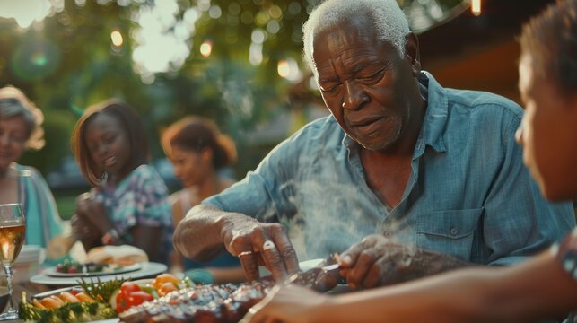 Senior man making barbecue for his large multiracial and multi-generation family who is reunited together for a family lunch