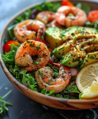 Sticker - Fresh Shrimp, Avocado, and Lemon Salad in Wooden Bowl