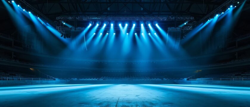 In the silence of an empty sport arena, bright blue stage lights illuminate the floor, highlighting the venues grandeur