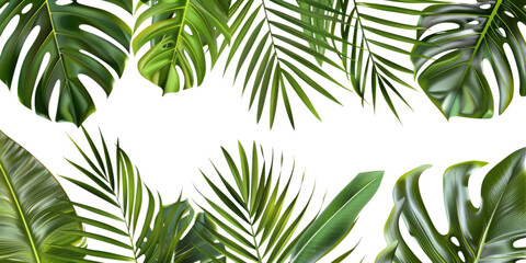 Naklejka na meble Tropical leaves pattern with various green palm and monstera leaves on a white background. Dense, lush foliage creating a vibrant, fresh look. Suitable for summer, nature, or botanical themes.