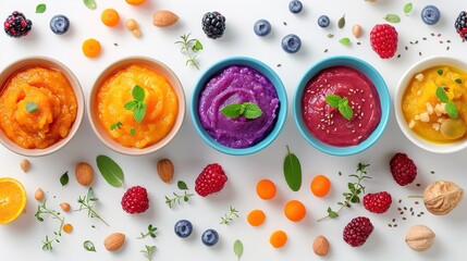 Wall Mural - Baby food bowls arranged on a white background in a flat lay composition with copyspace for text 