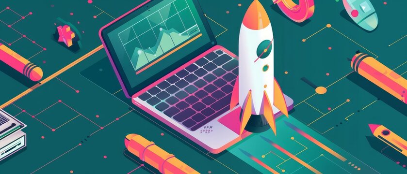 This detailed design features a rocket and laptop in a modern set, highlighting the importance of giving donations for technological advancements