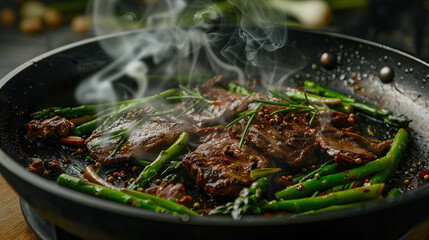 Wall Mural - Frying steaks and asparagus on pan, smoky steak