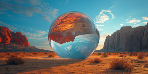 Generative ai illustration of a spherical Mirror plane in the middle the desert