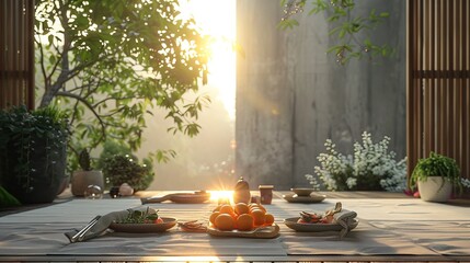 Wall Mural - A serene setting showcasing a balanced meal with a focus on mindful eating, featuring nutritious foods that promote a healthy diet and lifestyle