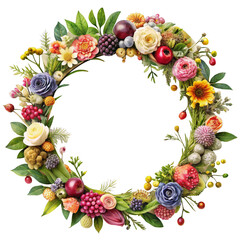 Wall Mural - Beautiful wreath with colorful flowers isolated on a white background. Midsummer celebration concept, summer decoration. Top view.
