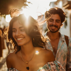 Wall Mural - Happy couple walking at dusk. Summer time, summer vacation, summer holiday 