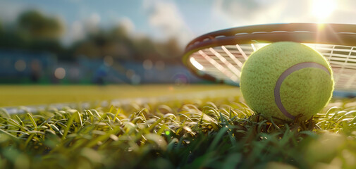 Wall Mural - Close up of a tennis ball and racket on a grass tennis court