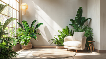 Modern Minimalist Living Room Interior With Biophilic Design Elements, Large Window, Lush Green Plants, And Comfortable Armchair With Sunbeams And Plant Shadows On Wall In Natural Sunlight