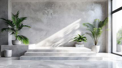 Sticker - Modern Minimalist Interior Design with Empty White Marble Podium and Tropical Plants for Product Placement on Concrete Wall Background in Sunlight from Window 3d Rendering Illustration