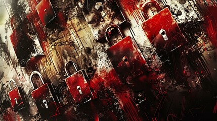 Grunge red black background with multiple red padlocks concept cyber security, internet information
