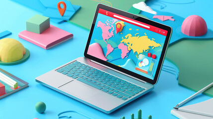 Illustration of laptop computer with network and maps