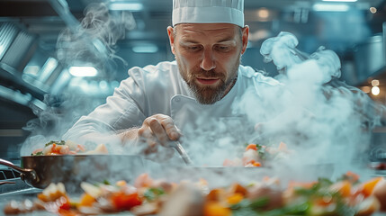 Wall Mural -  Closeup of an attractive male chef in a white uniform cooking in the kitchen, surrounded by smoke and colorful food