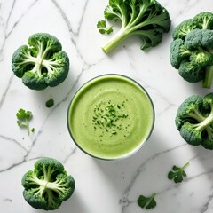 Wall Mural - Creamy green broccoli soup garnished with herbs, set in a bowl on a marble surface. Fresh broccoli florets and parsley are artistically arranged around the bowl, creating a vibrant, healthy scene.