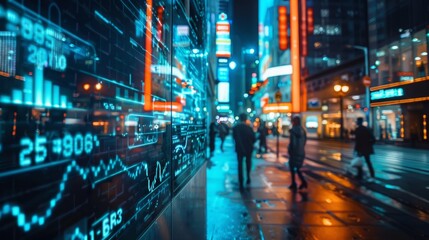 Wall Mural - A bustling city street at night, featuring a large digital display showcasing financial data with lines and numbers.