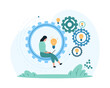 © Iconic Prototype - Effective business process, productivity and management of solutions. Tiny woman sitting inside gear with laptop and light bulbs, moving mechanism with creative ideas cartoon vector illustration