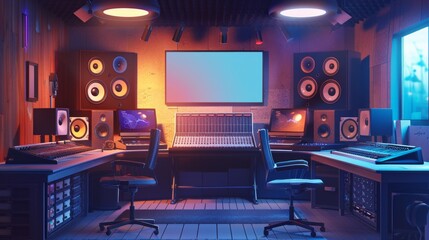 Wall Mural - Immersive Sound Professional Audio Mixing Studio with Blank Business Cards Mixing Boards Monitors and Headphones