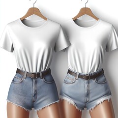 Two mannequins wearing white template t shirt mockup and shorts eyecatching realistic.