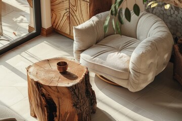 A cozy living room scene with a chair and a tree stump serving as a table