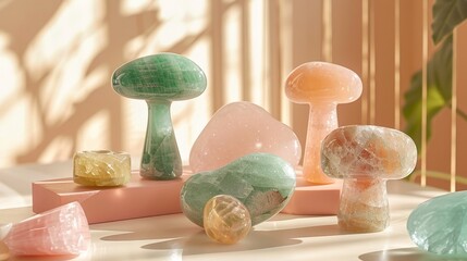 Wall Mural - Detailed shot of Gua Sha tools for skin care therapy, Green Aventurine, Rose Quartz mushrooms, jade roller, and stone, isolated background, studio lighting