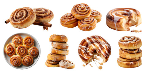 Wall Mural - Cinnamon Roll bread bun on transparent cutout, PNG file. Many assorted different angles, stack, broken, slice, pile, view. Mockup template for artwork