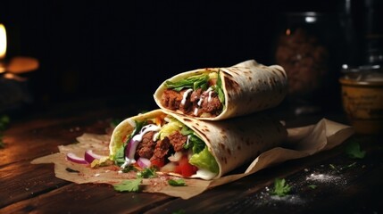 Sticker - A wrapped burrito sitting on a wooden table, ready to be served