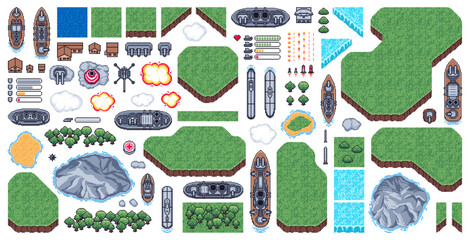 8 bit pixel navy game asset, sea battle and fight top view arcade game elements vector set. Ship, submarine, aircraft, water, grass and tree. Explosions, health bar, bullet and missile, clouds, rocks