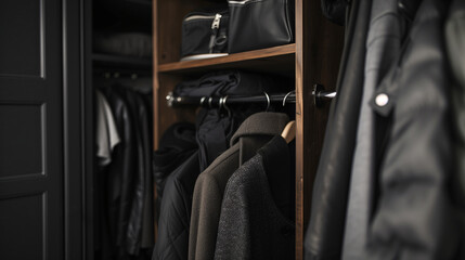 Wall Mural - Closeup of an opened wooden wardrobe with full of clothes in black color tone and cozy style.