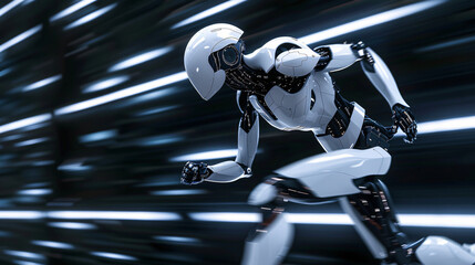 Aufkleber - Sleek, modern robot captured in mid-sprint, showcasing dynamic motion with a blurred background