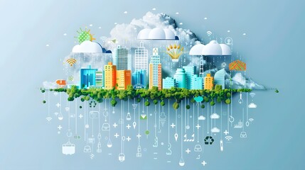 Wall Mural - A cityscape with a cloud in the background and a lot of icons on the bottom. The icons include a car, a cell phone, a laptop, a book, a bottle, a cup, a person, and a tree